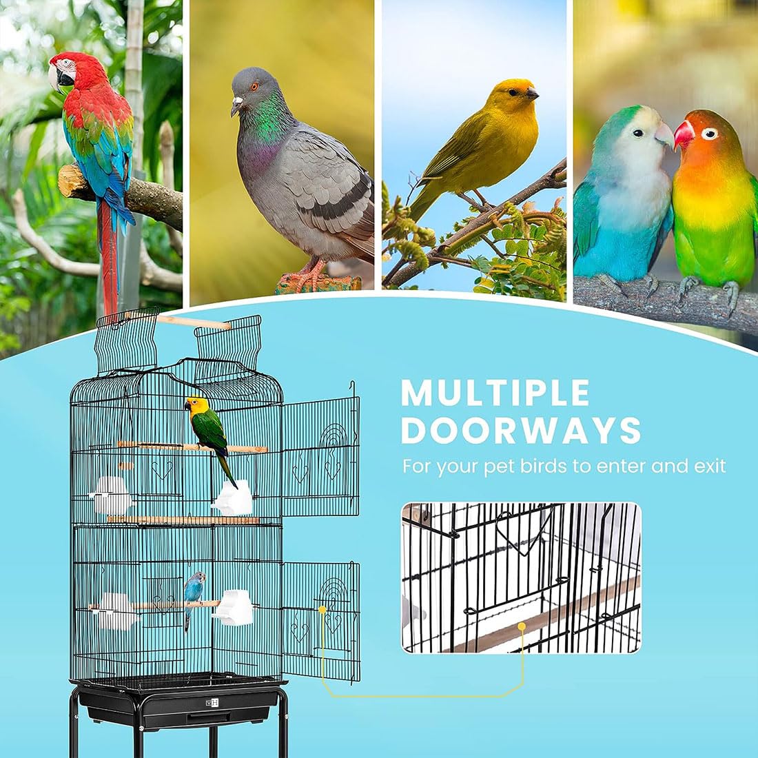 VIVOHOME 64 Inch Large Bird Cage with Play Top & Wheels - Spacious Home for Parrots, Conures, Lovebirds, Cockatiels, Parakeets - Perfect for Playtime & Training in Living Room or Patio