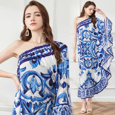 2023 New Summer Women's Bohemian Asymmetry Long Dress - Off Shoulder Blue & White Porcelain Print Ruffled Hem Loose Maxi Dress | Beach Wedding, Vacation, Party Wear