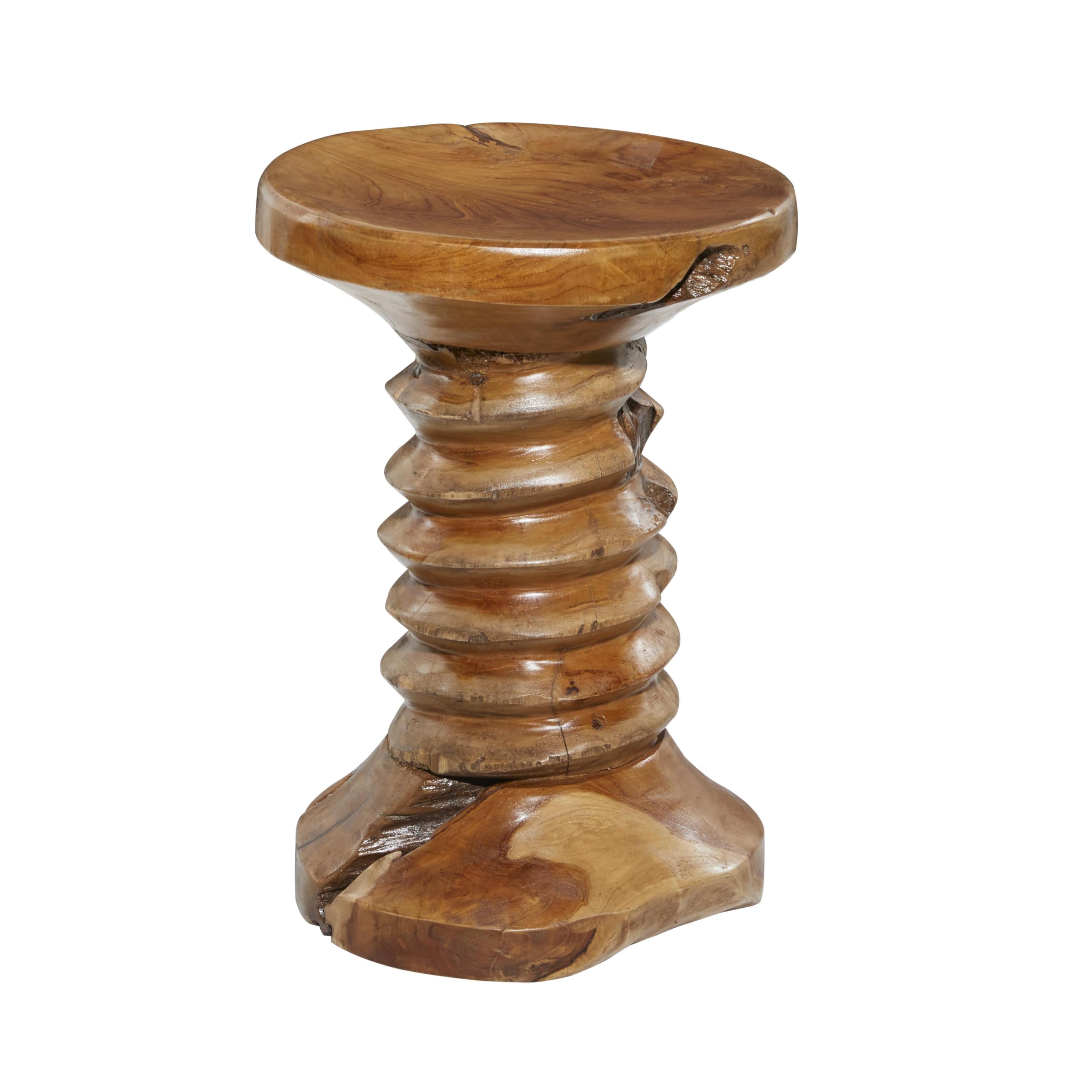 Handmade Teak Wood Live Edge Accent Table with Coiled Base - 13x13x19 Inches, Brown - Rustic Home Decor for Living Room, Bedroom & Office