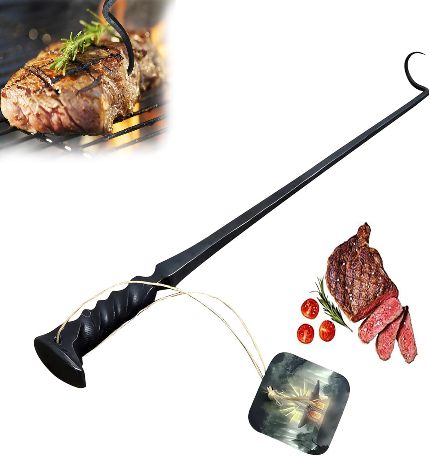 **Heavy Duty Stainless Steel BBQ Meat Turner Hook - Professional Grill Flipper for Grilling, Smoking & Griddle Cooking - Perfect for Steak, Burgers, Vegetables & Outdoor Barbecue**