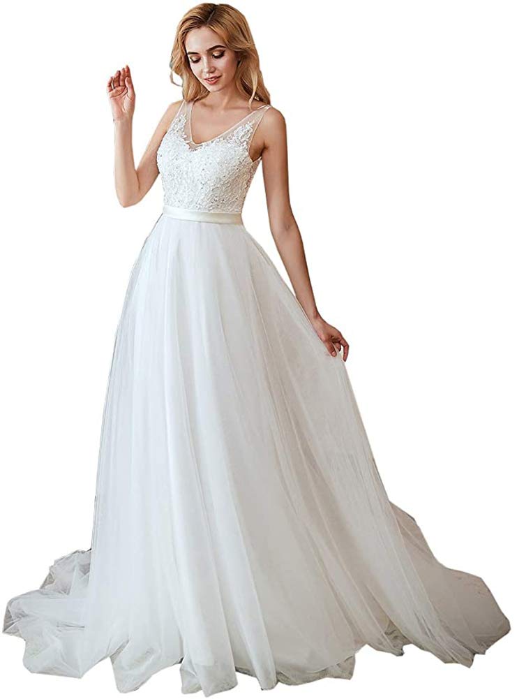 Elegant Women's V-Neck A-Line Lace Tulle Beach Wedding Dress for Bride | Boho Bridal Gown for Beach, Destination, and Outdoor Ceremonies