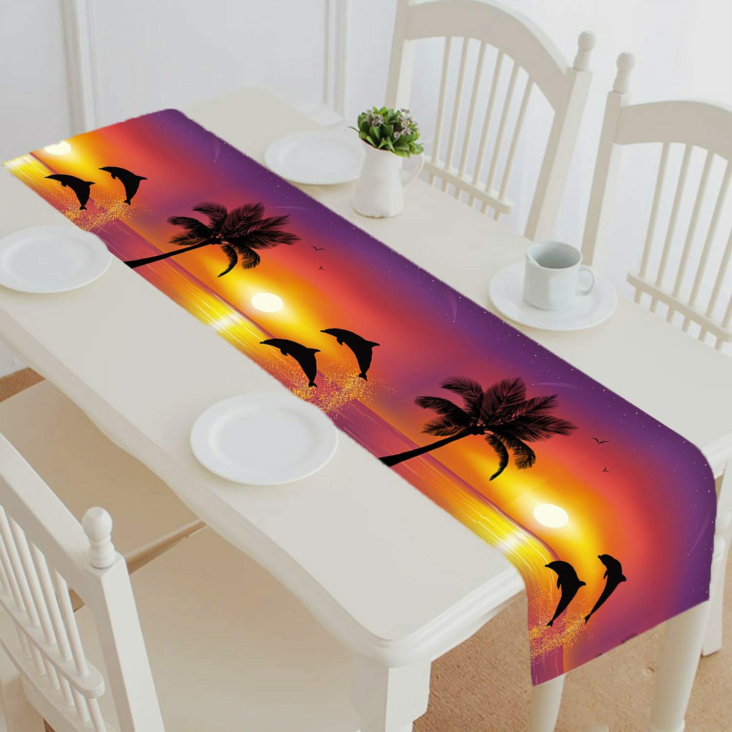 ECZJNT Silhouette Dolphins Ocean Palm Tree Sunset Stars Seaside Table Runner - 16x72 Inch Coastal Decor for Dining Table, Tea Table, Beach Party & Home Decor