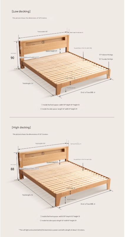 Solid Oak and Beech Wood Bed with Built-in LED Lights and Bookshelf - Modern Bedroom Furniture for Small Spaces, Lofts, and Studio Apartments
