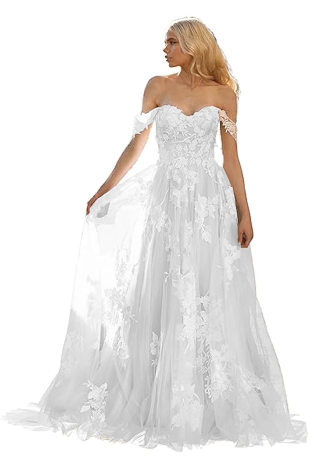 2024 A-Line Tulle Lace Wedding Dress for Bride | Off-Shoulder Bridal Gown with Appliques | Perfect for Church Ceremony, Beach Wedding & Reception Party