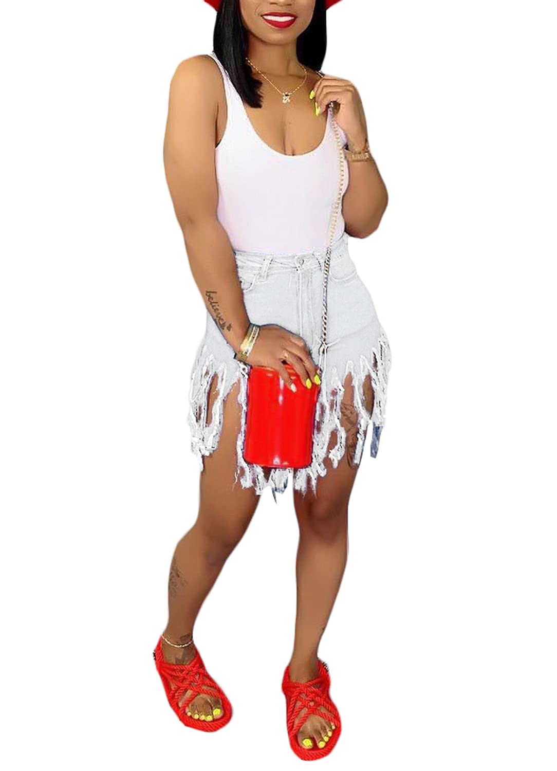 SIAEAMRG Women's High Waisted Denim Shorts with Frayed Raw Hem & Tassels - Trendy Juniors Jeans Shorts for Summer Outfits, Beachwear, and Casual Street Style