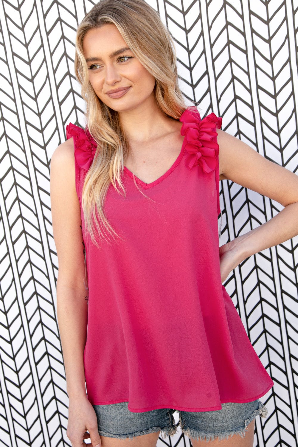 Fuchsia Frill Shoulder Sleeveless Crepe Woven Blouse for Women - Elegant Summer Tops for Casual Outings, Date Nights & Office Wear