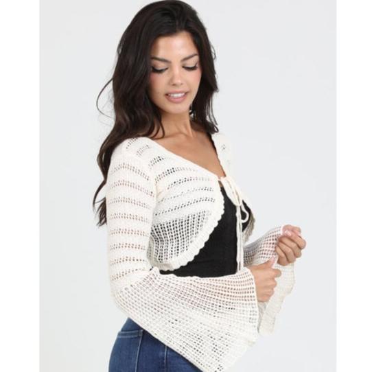 Ivory Bell Sleeve Tie Front Crop Cardigan for Women - Soft Knit Lightweight Sweater for Spring & Fall - Perfect for Dates, Office & Casual Outfits