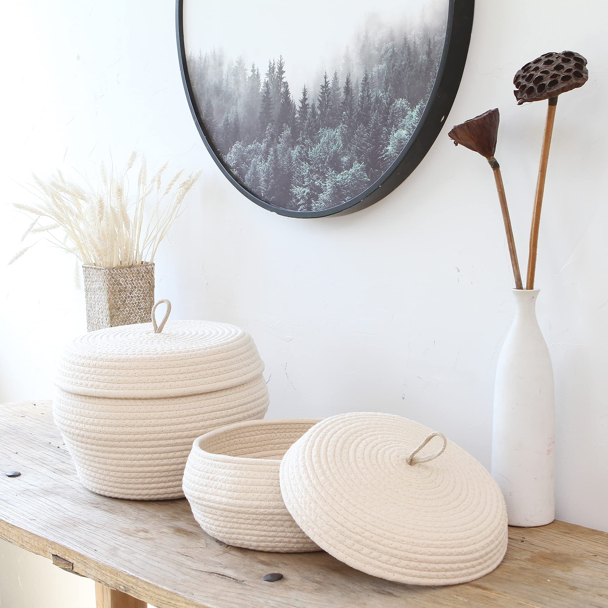 Sea Team Round Cotton Rope Storage Basket with Lid - Decorative Woven Organizer Bin for Home, Nursery & Office - Perfect for Snacks, Towels, Plants & Toys - 13 x 5.5 Inches (Large, Shallow, Cream) - Eco-Friendly Home Decor Storage Solution