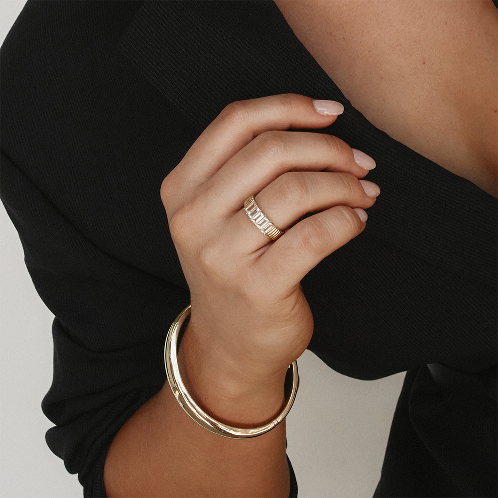 14K Gold White Topaz Baguette Textured Ring for Women - Elegant Stackable Jewelry for Everyday Wear & Special Occasions