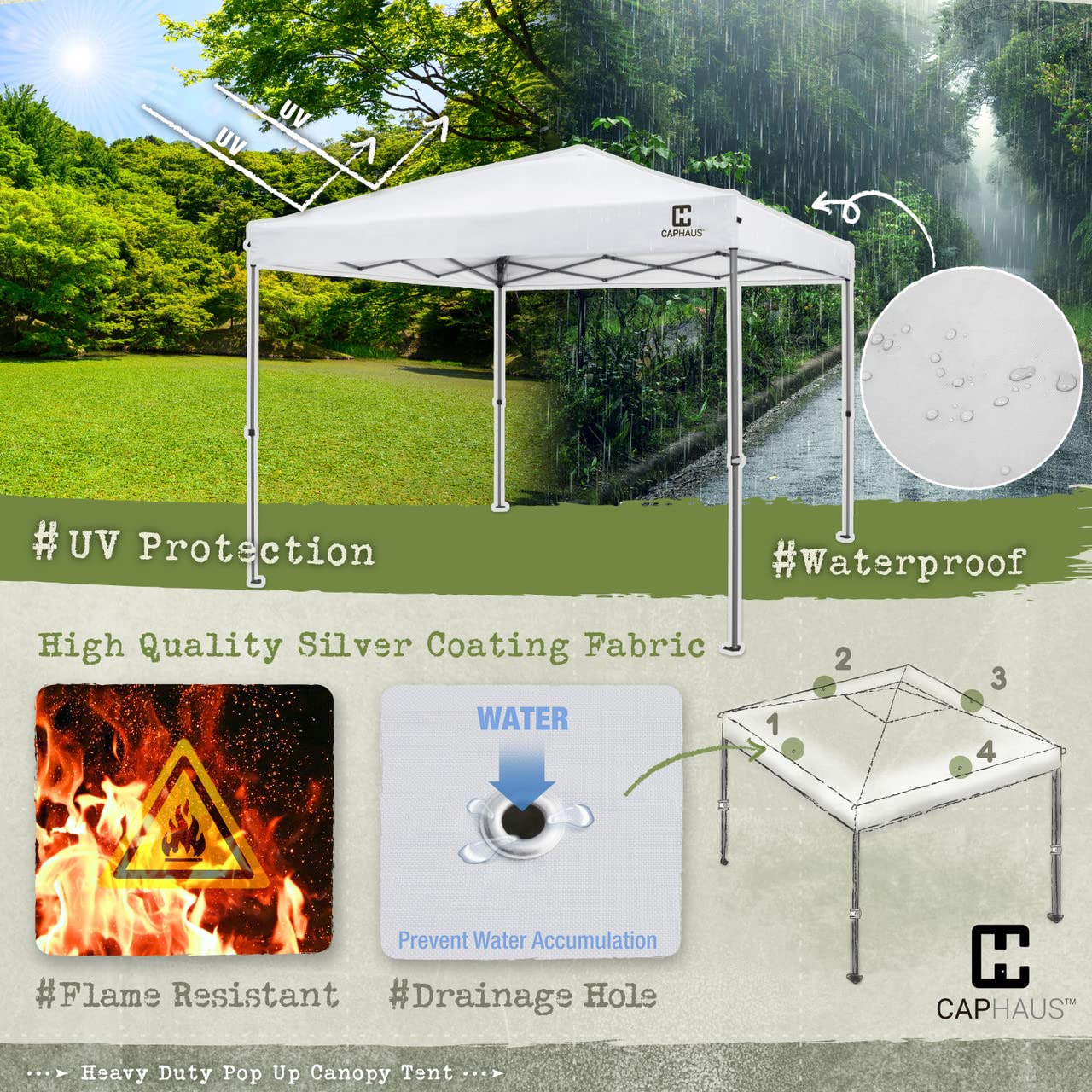 CAPHAUS 12x12ft Heavy Duty Commercial Pop Up Canopy Tent - One-Push Instant Setup, Central Lock System, Includes Wheeled Carry Bag & Weight Bag - Perfect for Outdoor Events, Farmers Markets, Beach & Backyard Parties (Dark Grey)