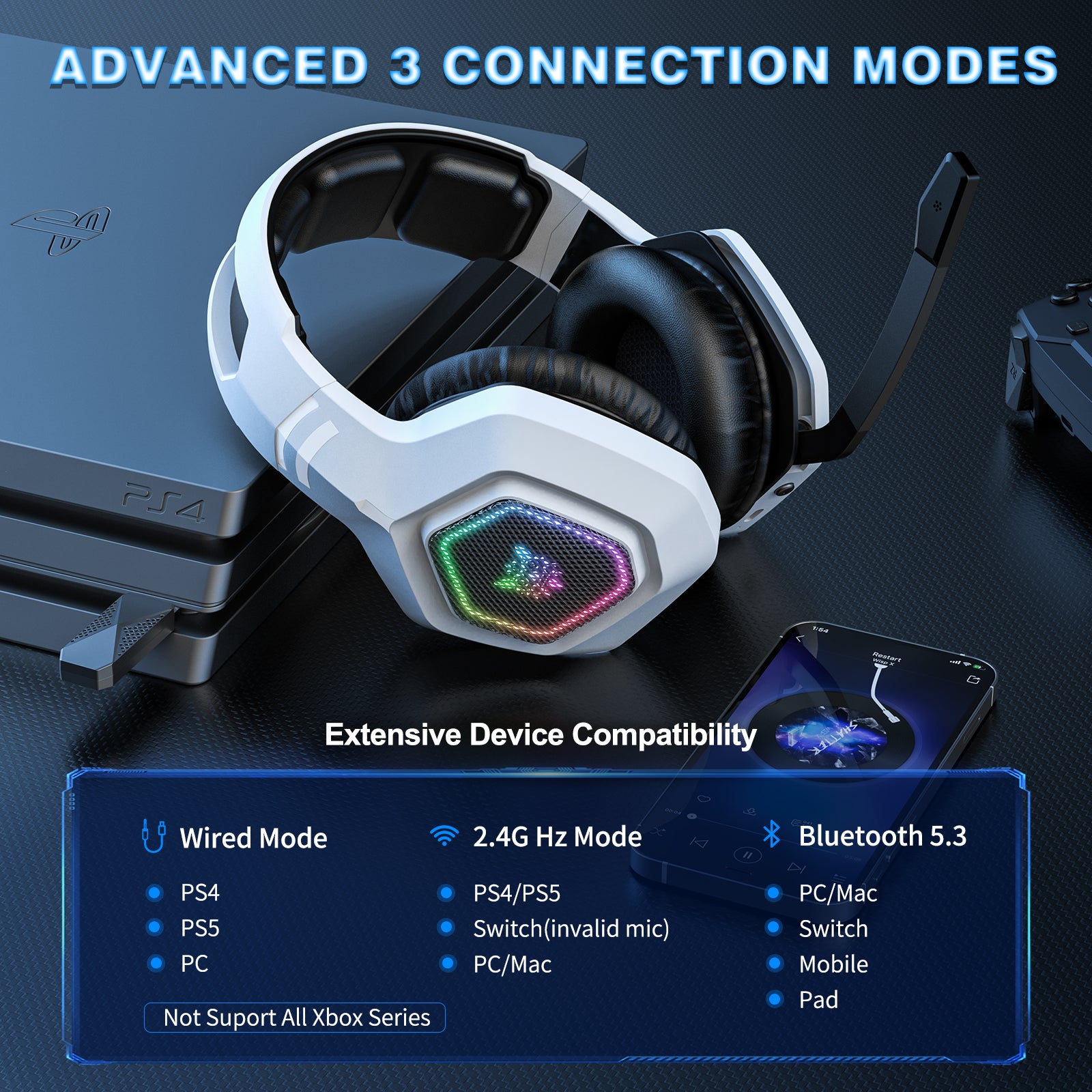 ONIKUMA B100 Wireless Gaming Headset - Bluetooth 2.4G & Wired 3-Mode Lightweight Over-Ear Headphones for PC, PS5, Xbox - Perfect for Esports, Streaming & Online Gaming