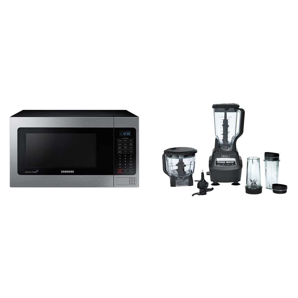 Samsung MG11H2020CT 1.1 cu.ft Countertop Microwave Grill & Ninja BL770 1500W Mega Kitchen System Blender - Perfect for Small Kitchens, Quick Meals & Smoothie Making