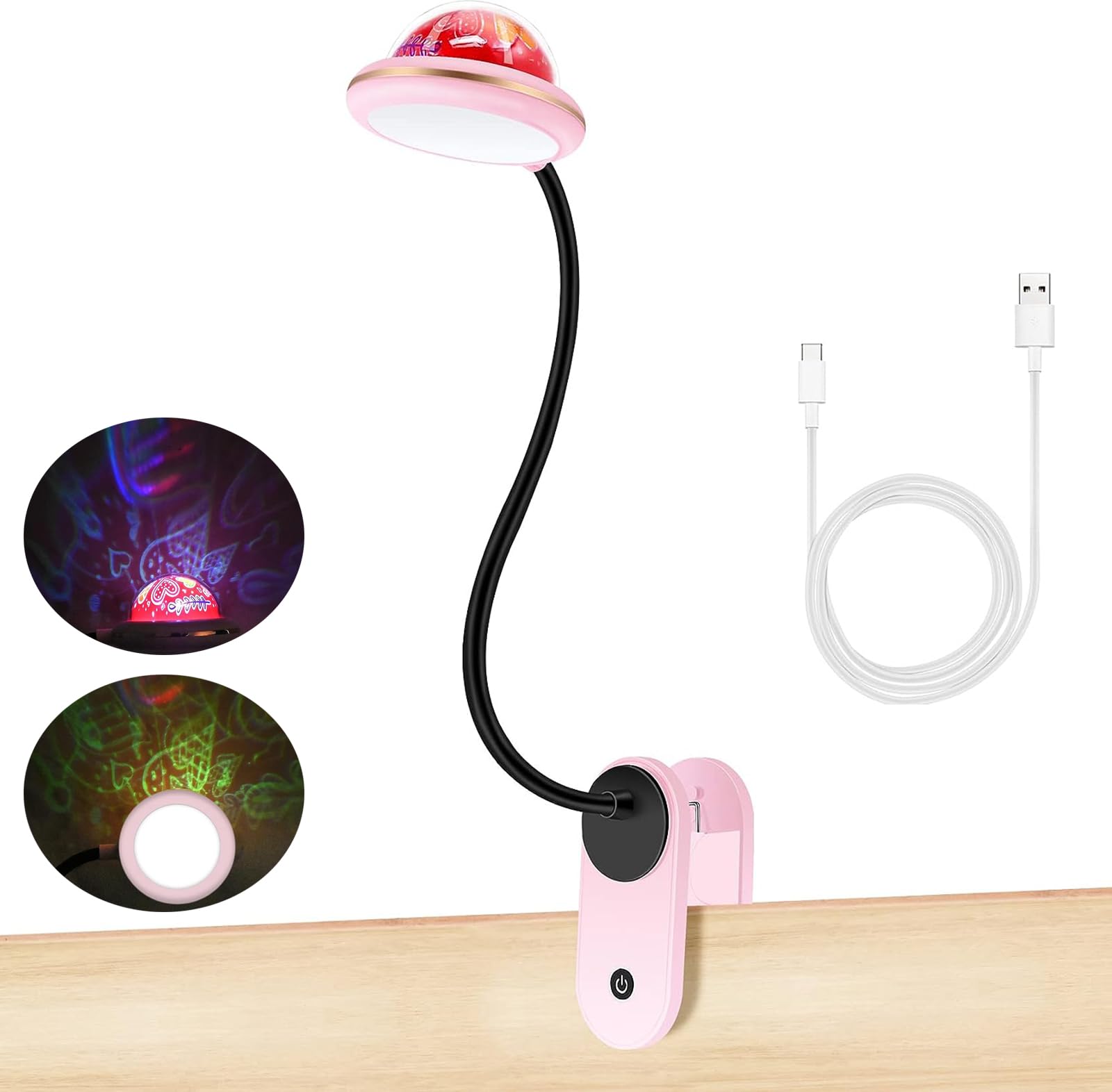 USB Rechargeable LED Folding Book Light - Dimmable 2W Reading Lamp with Mini Projector & Night Light, 6000K Cool White Touch Control for Bedroom, Living Room, Kids & Adults - Perfect for Reading in Bed, Studying, Camping & Travel (Pink) JBZ