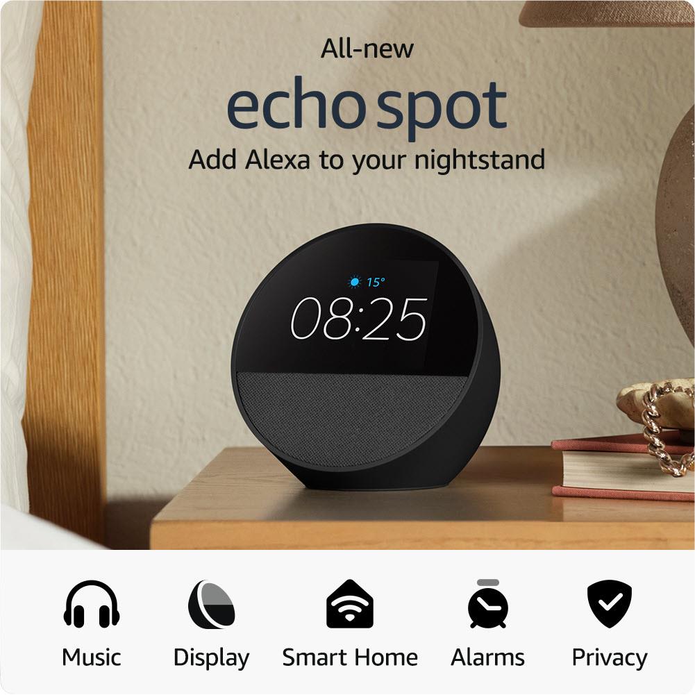 Amazon Echo Spot (Black) - Smart Alarm Clock with Alexa, 2.5