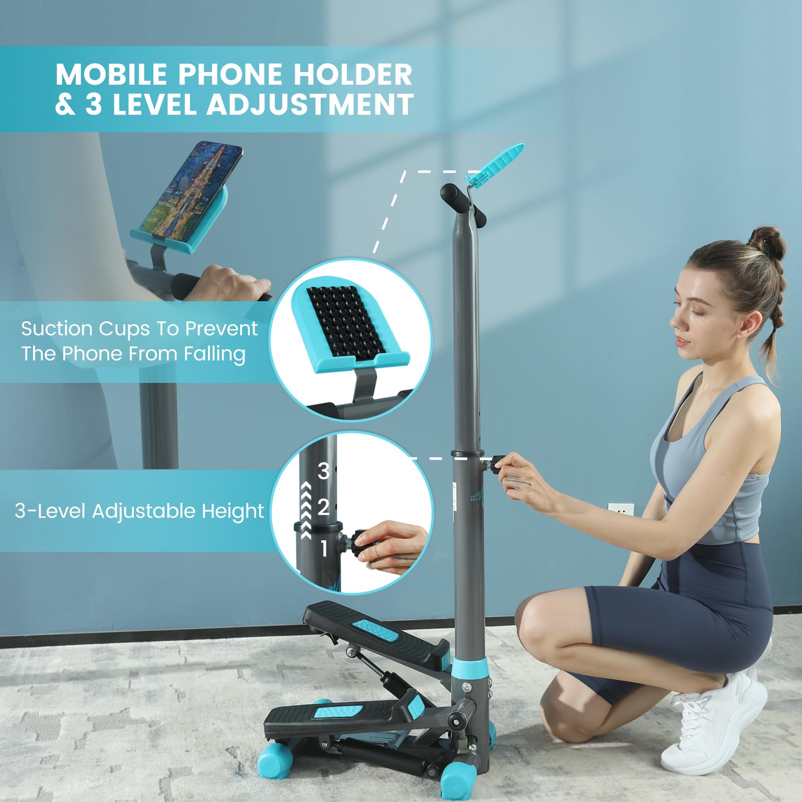 Stepper Machine for Home Workout - Portable Stepper Exercise Equipment for Fitness, Cardio & Leg Training - Compact Design for Apartments, Living Rooms, Bedrooms & Offices (Grey with Blue, Model SFSH100-A) - Perfect for Home Gym, Office Breaks & Low-Impact Workouts