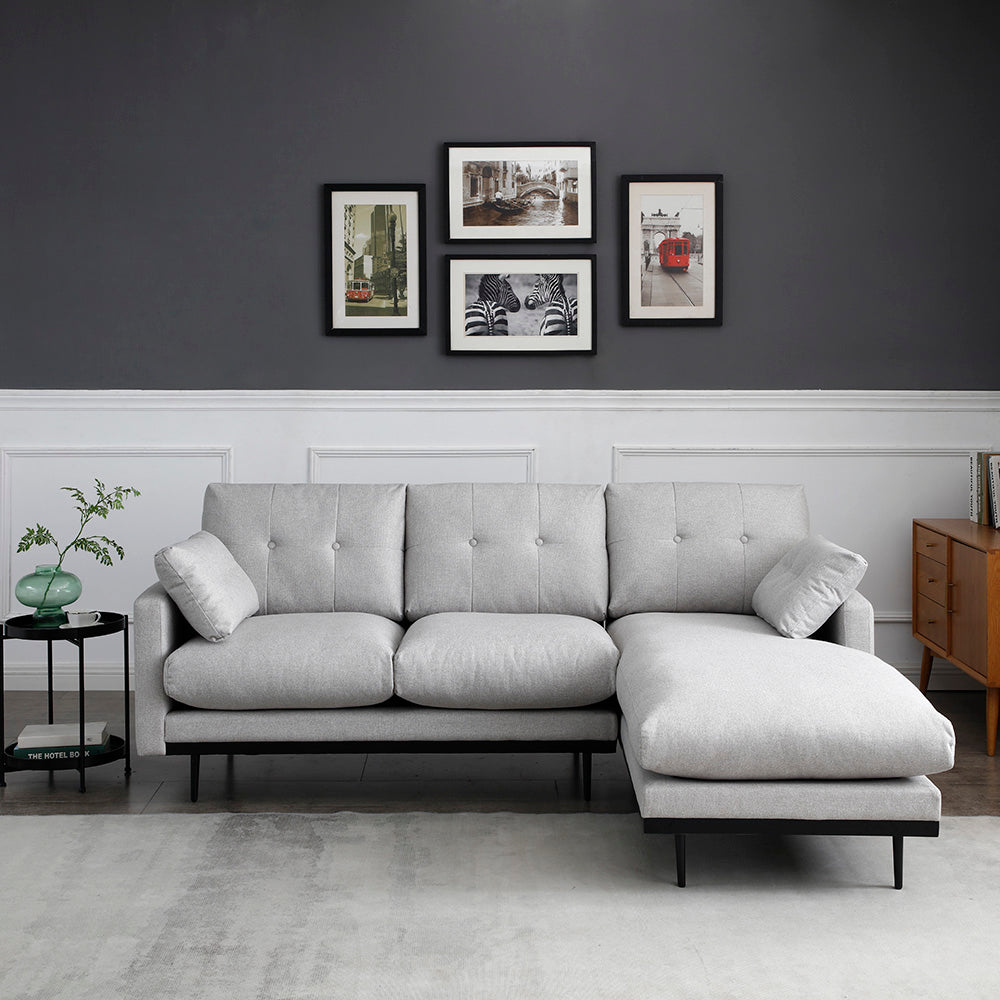 HAVANA 3-Seater Sofa with Right Chaise in Light Grey & Black - Modern Living Room Furniture for Small Spaces & Apartments