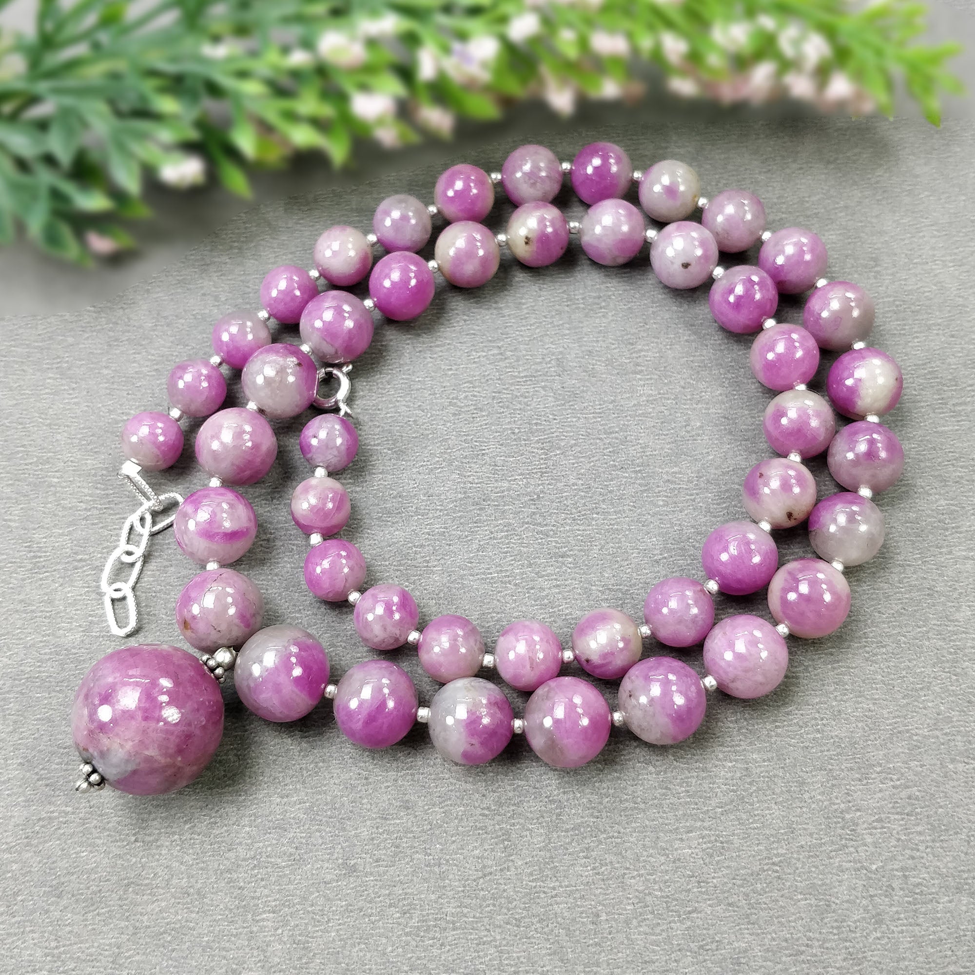 Natural Untreated Bi-Color Zoisite Ruby Gemstone Necklace - 341.95cts with 925 Sterling Silver (7.5mm, 17mm, 19mm) | Elegant Jewelry for Women, Perfect for Weddings, Parties & Special Occasions
