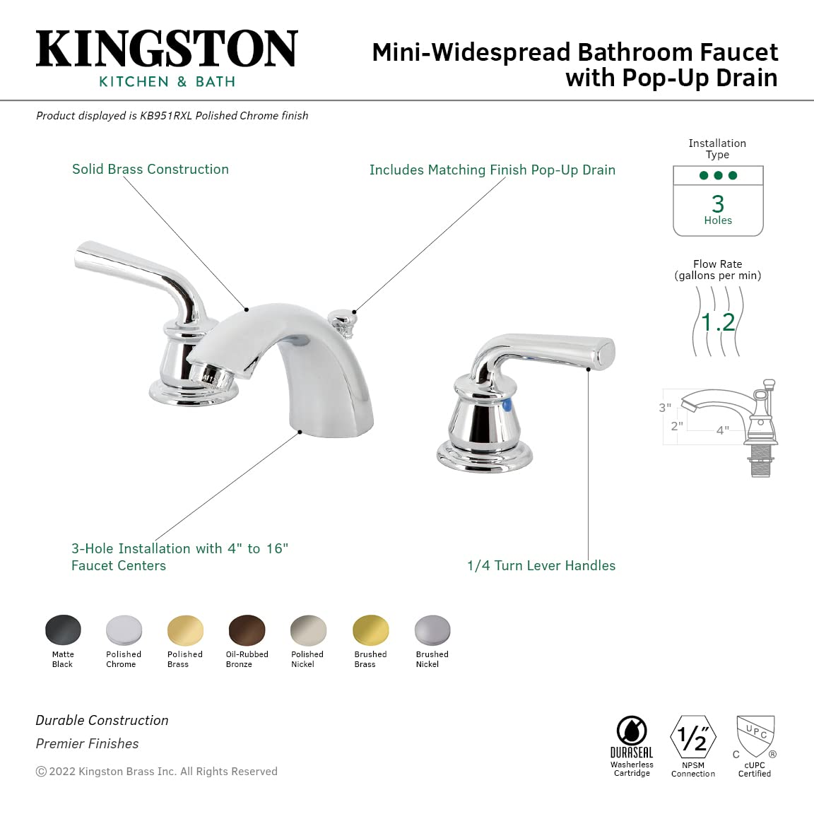 Kingston Brass KB958RXL Brushed Nickel Mini-Widespread Bathroom Faucet with Pop-Up Drain - Perfect for Bathroom Vanity Sink, Powder Room, and Guest Bath Remodeling