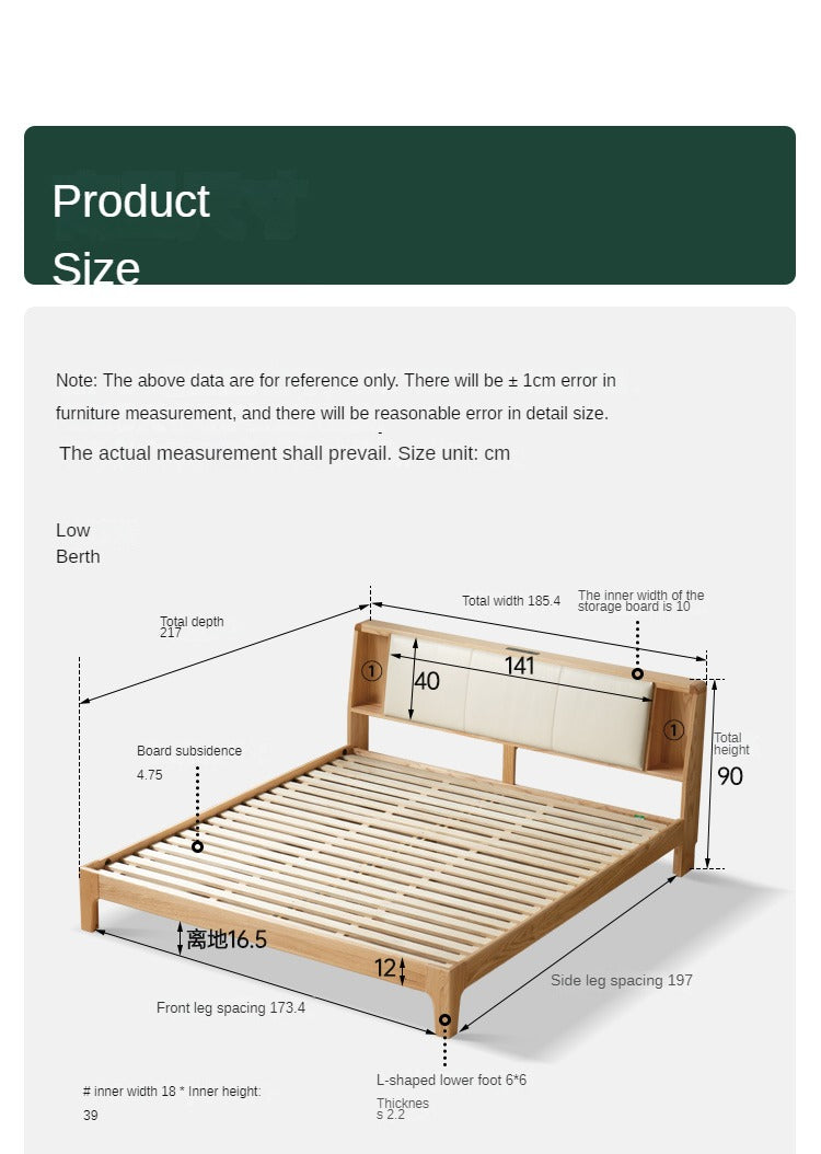 Solid Oak Wood Leather & Fabric Luminous Bed with Shelf - Modern Platform Bed Frame with Storage for Bedroom, Guest Room, or Dorm
