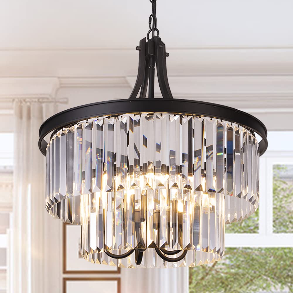 Wellmet Modern 5-Light Crystal Chandelier - Black Farmhouse Pendant Light with Prism Shades for Foyer, Kitchen Island, Dining Room, Living Room & Bedroom | Elegant Ceiling Lighting Fixture for Home Decor
