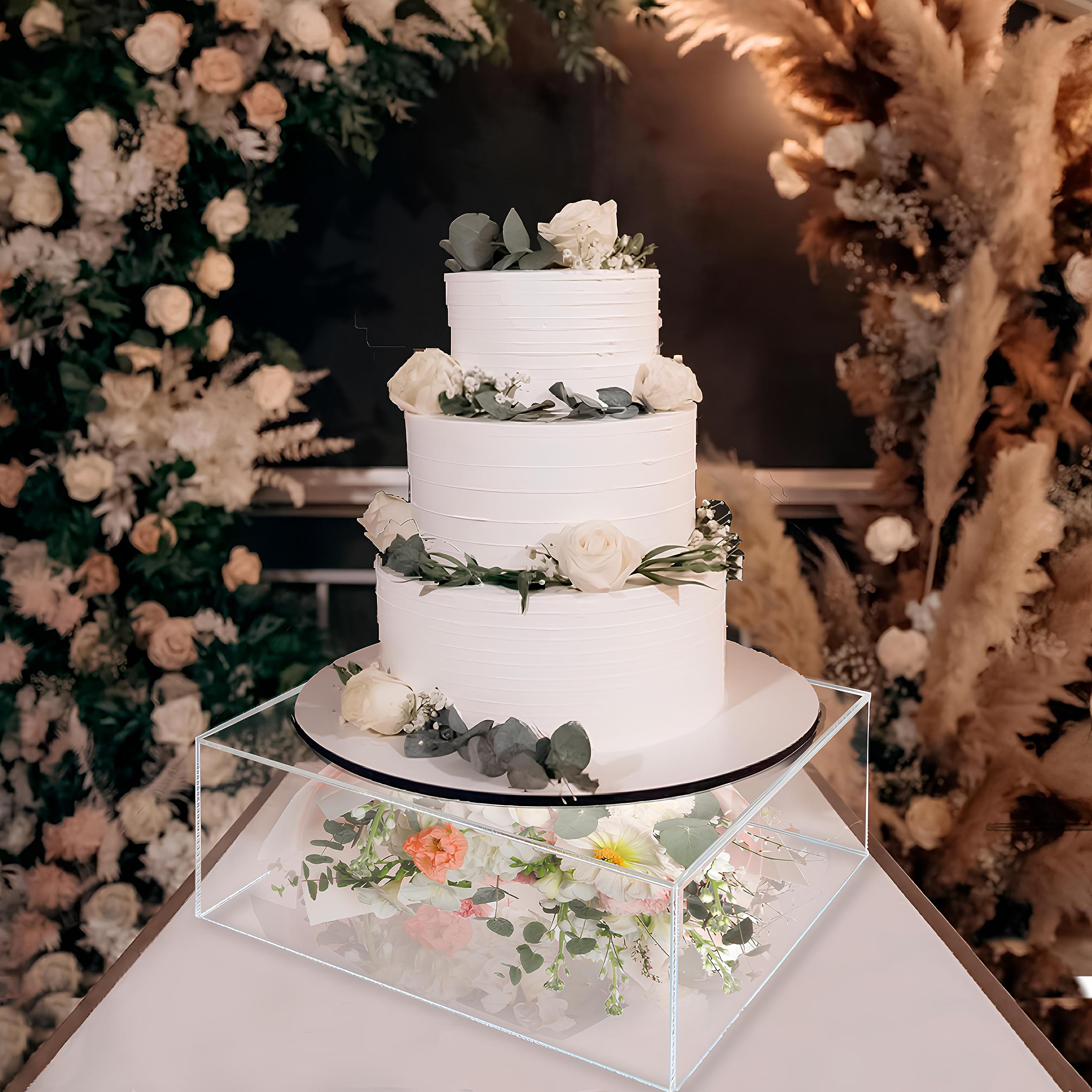 NOKI 12 Inch Square Acrylic Cake Stand with Hollow Fillable Base - Clear Decorative Dessert Display Stand for Wedding, Birthday, Party | Perfect for Showcasing Cakes, Cupcakes, Pastries at Events and Bakeries