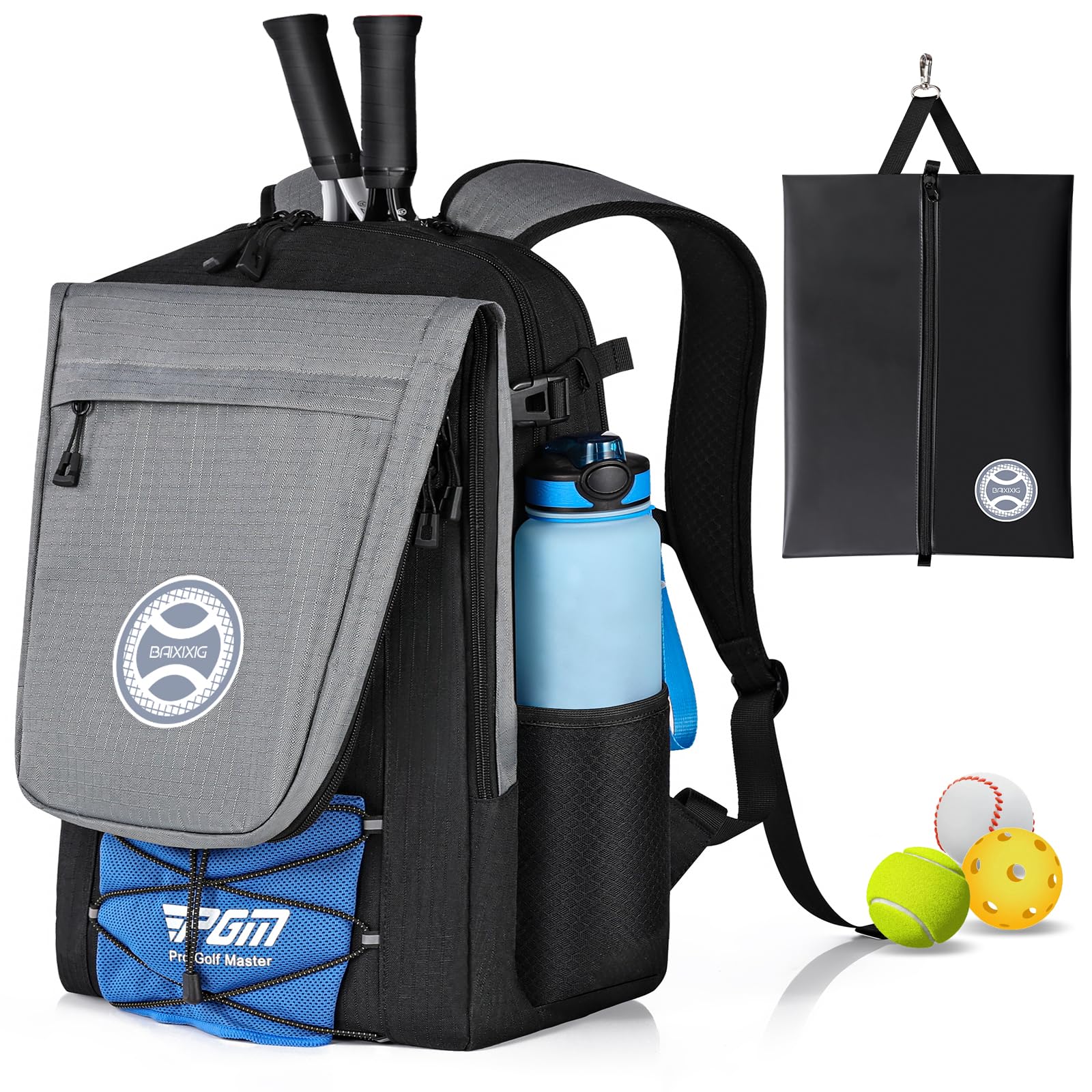 **Waterproof Tennis Backpack with Shoe Compartment – Large 40L Tennis Bag for Men & Women – Holds 3 Rackets & Gear – Durable Gray Tennis Equipment Backpack for Training, Matches & Travel**