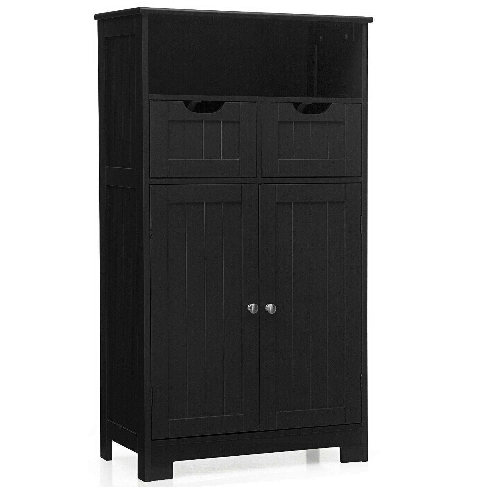 LHONE Free Standing Bathroom Cabinet - Wooden Storage Organizer with 2 Doors & 2 Drawers - Space Saving Floor Cabinet for Bathroom, Living Room & Kitchen (Black) - Perfect for Small Spaces, Apartment Storage & Home Organization
