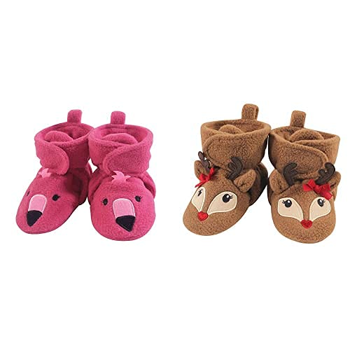 Cozy Fleece Booties for Baby Girls - Pink Flamingo & Reindeer - 6-12 Months - Perfect for Winter Outings