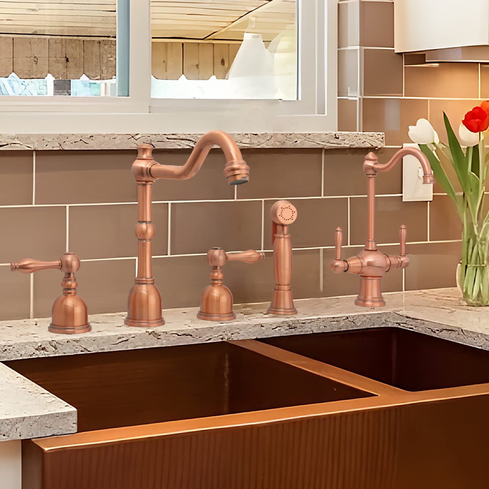 2-Handle Copper Drinking Water Filter Faucet - Dual Lever Hot & Cold Water Dispenser for Instant Hot Water Tanks & Filtration Systems | Perfect for Kitchen Sinks, RV Water Systems & Home Purification