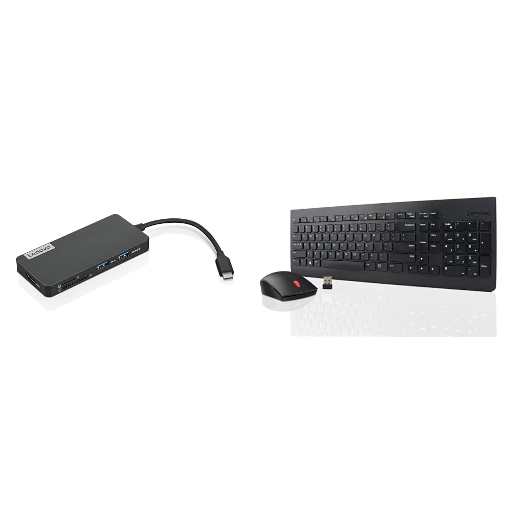 Lenovo USB-C 7-in-1 Hub with 510 Wireless Keyboard & Mouse Combo - 2.4GHz Nano Receiver, Full-Size Ergonomic Keyboard, 1200DPI Optical Mouse - Black (GX30N81775) - Perfect for Home Office, Gaming & Productivity