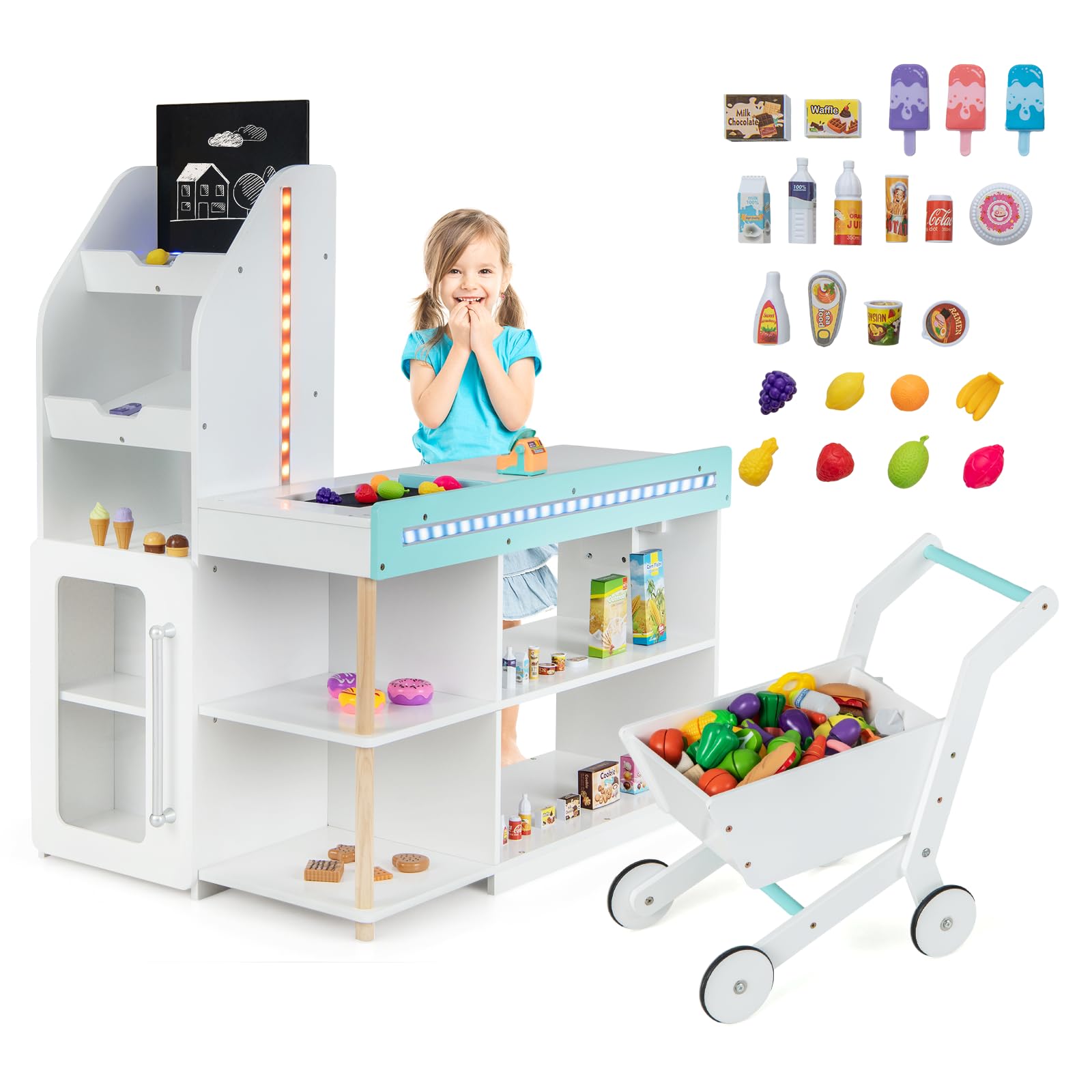 **GLACER Wooden Grocery Store Pretend Play Set for Kids Ages 3+ - Includes 40 Play Food Accessories, Cash Register, Moving Conveyor, Shopping Cart & 3 LED Light Strips - Educational Toy for Role Play & Imagination Development (Perfect for Home, Classroom & Playroom)**