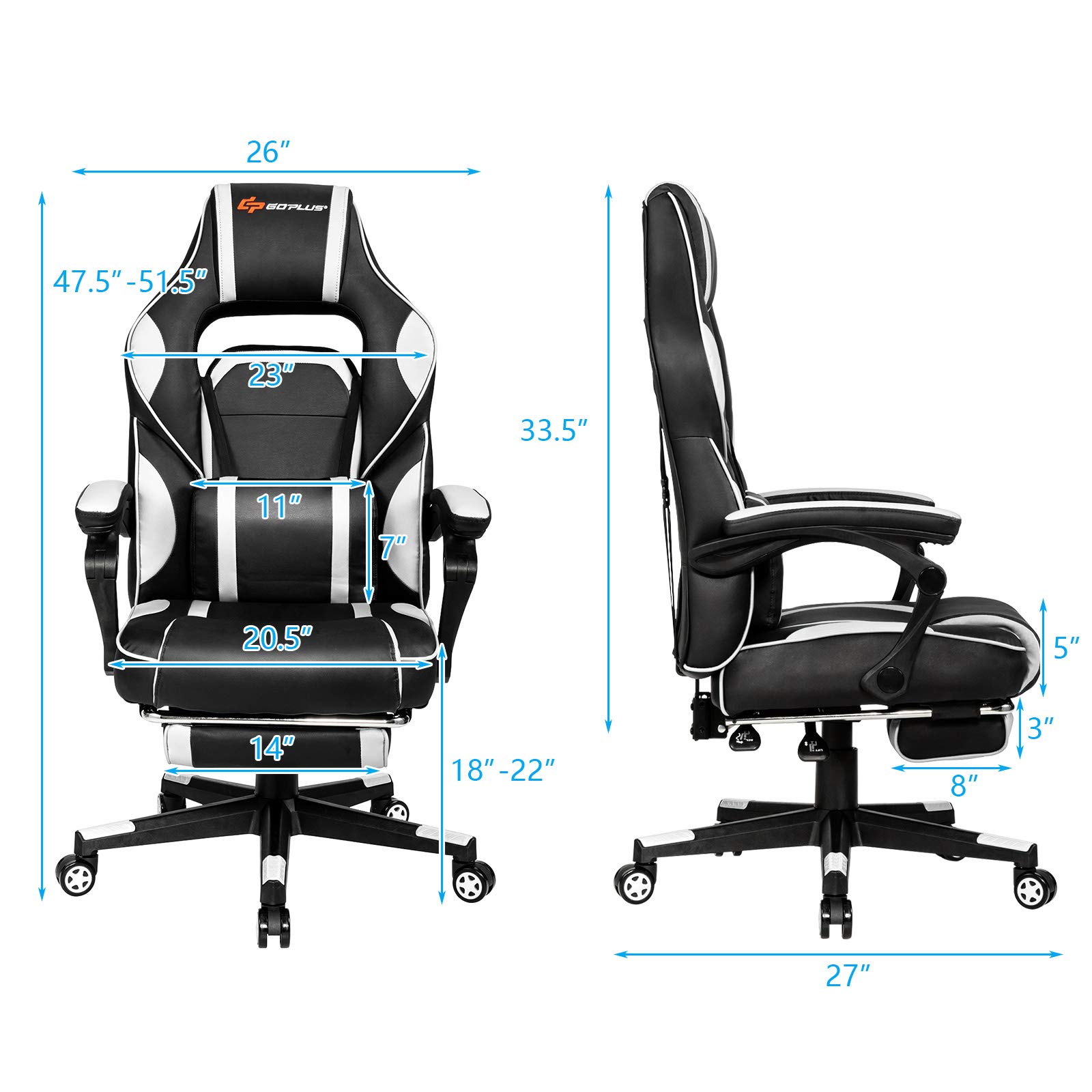 Premium POWERSTONE Gaming Chair - Adjustable High Back Ergonomic Computer Chair with Footrest, Lumbar Support & Massage Headrest | Thick Padded Armrests, 360° Swivel & Rolling Wheels | White Office/Home Gaming Desk Chair for PC & Console Gamers