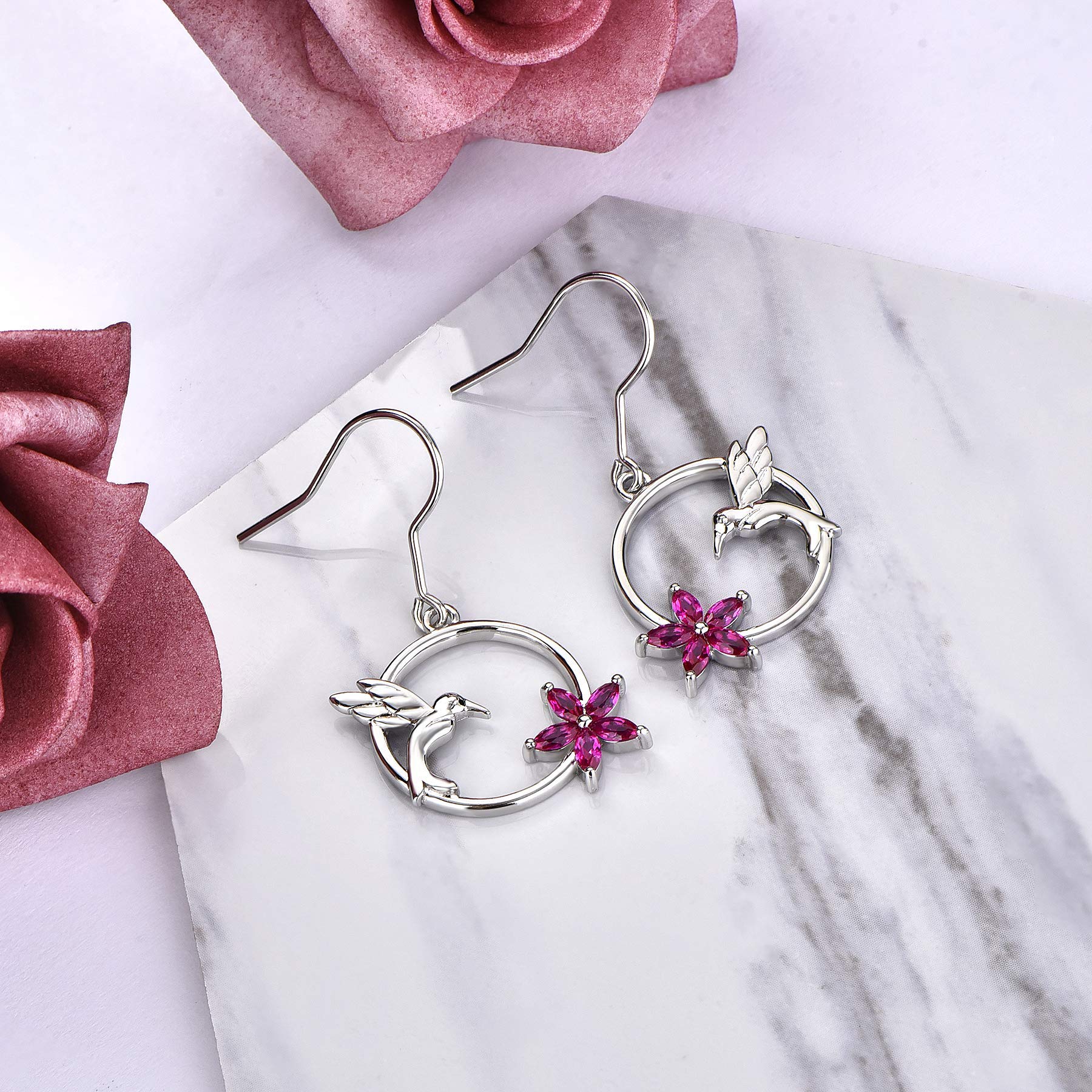 YL Sterling Silver Hummingbird Necklace with Ruby Flower Pendant & Matching Earrings Set - Elegant Jewelry Gift for Women, Perfect for Weddings, Anniversaries and Special Occasions