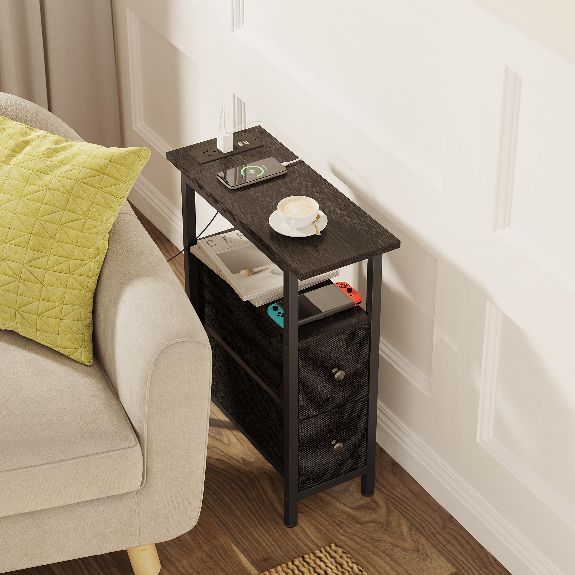 Slim Narrow End Table with USB Charging Station & LED Light - 2 Fabric Drawers Nightstand for Bedroom, Living Room - Space Saving Small Side Table for Apartments, Dorms (Black) | Perfect for Bedside Organization & Modern Home Decor