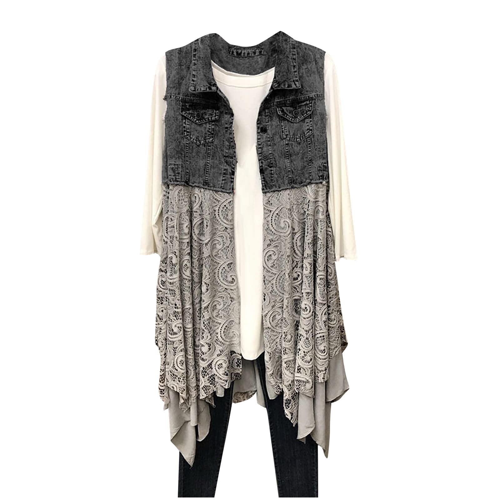 Distressed Denim Jacket for Women Plus Size - Fringe & Lace Detail Short Sleeveless Cropped Jean Coat | Cowgirl Style Western Fashion Top for Casual Outfits, Music Festivals & Country Events