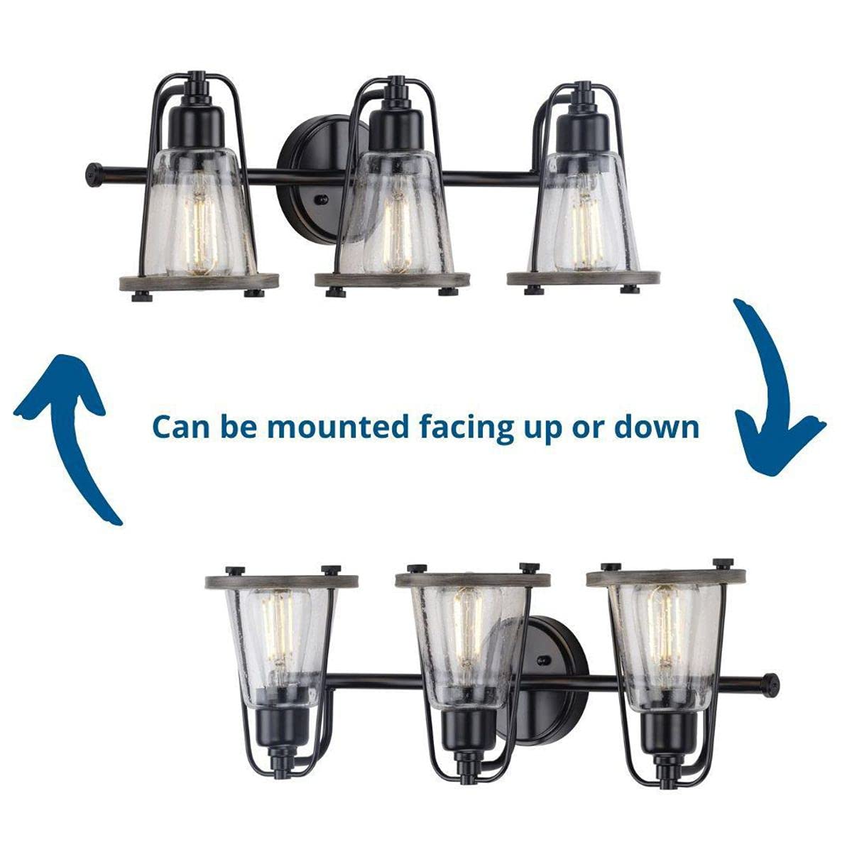 Progress Lighting Conway Collection 3-Light Matte Black Clear Seeded Glass Farmhouse Bathroom Vanity Light Fixture - Perfect for Rustic Bathroom, Powder Room, and Farmhouse Style Home Decor