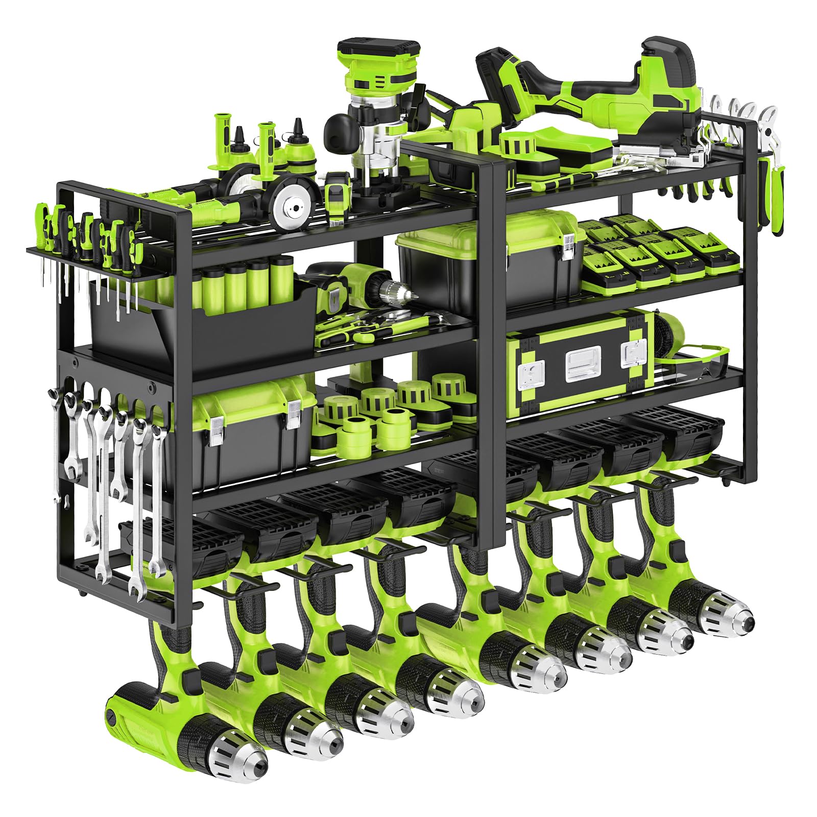Heavy Duty Power Tool Organizer Wall Mount - 4-Tier Large Capacity Metal Storage Rack with 8 Drill Holders for Cordless Drills & Tools | Perfect for Garage, Workshop, Shed, Pegboard & Basement Organization