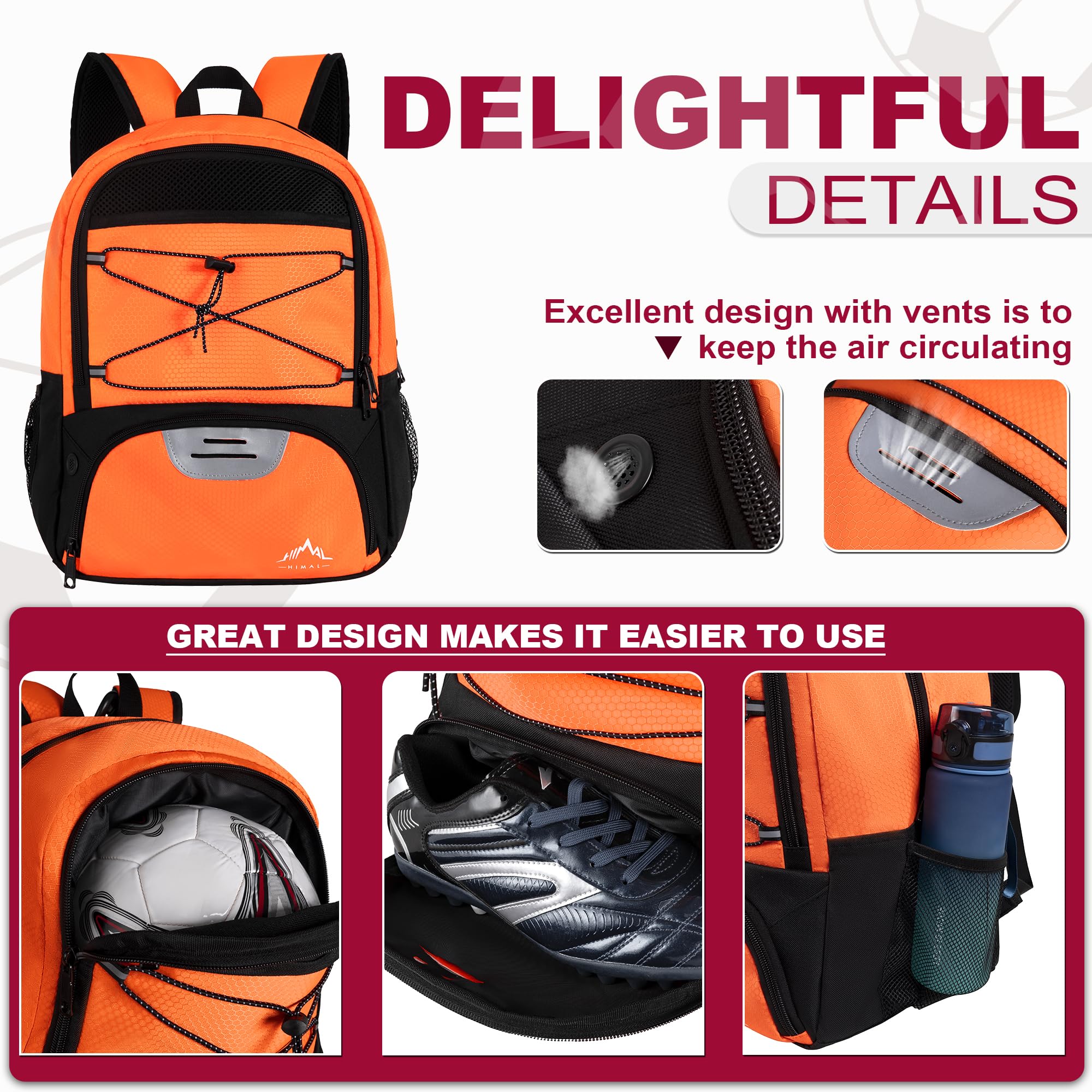 Himal Outdoors Soccer Backpack - Waterproof Sports Bag for Football, Volleyball & Handball with Separate Cleat & Ball Compartments | Perfect for Training, Games & Travel (Orange)