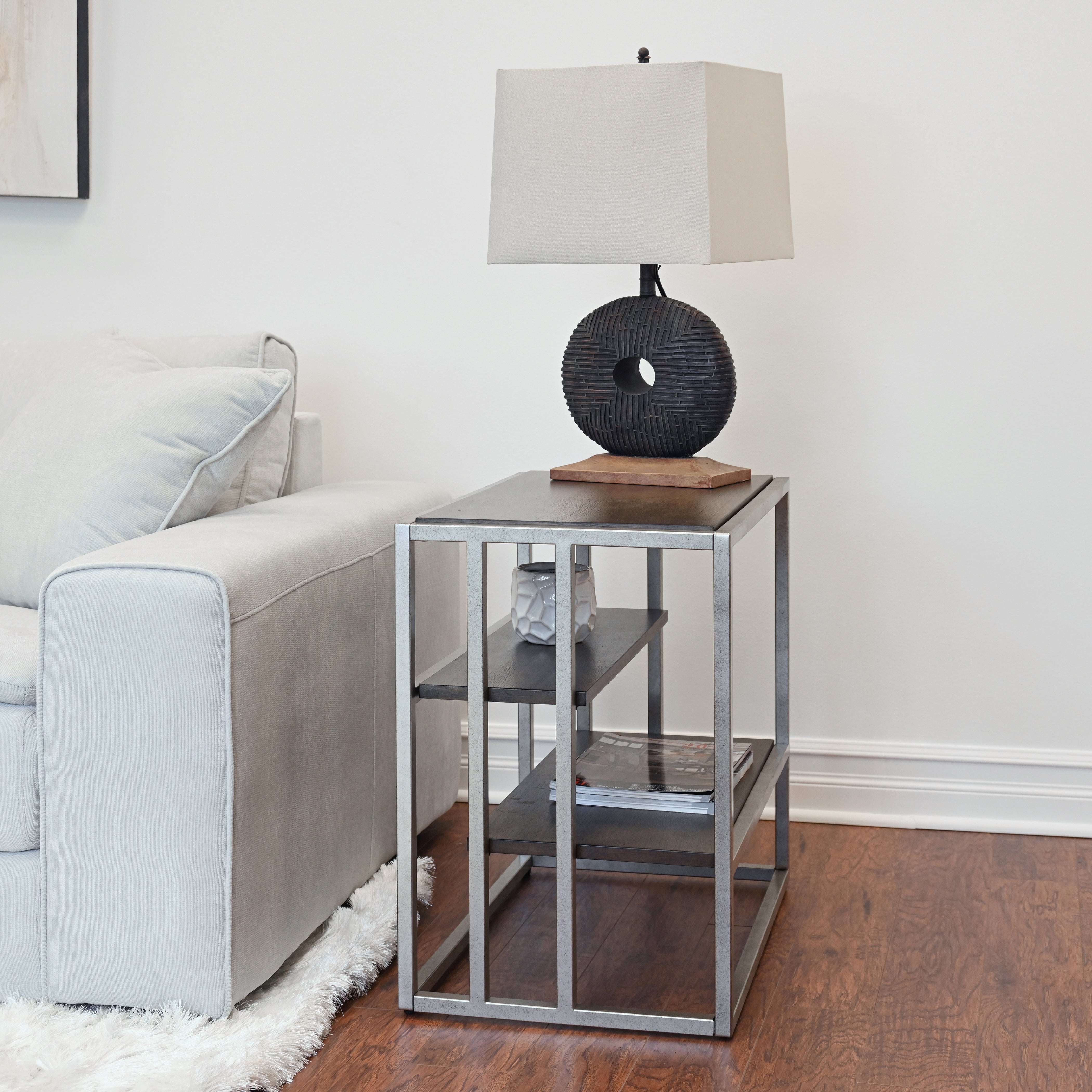 Roundhill Furniture Padena Metal Frame Wood Living Room Side Table with Shelf - Stylish End Table for Sofa, Bedroom, or Office Use