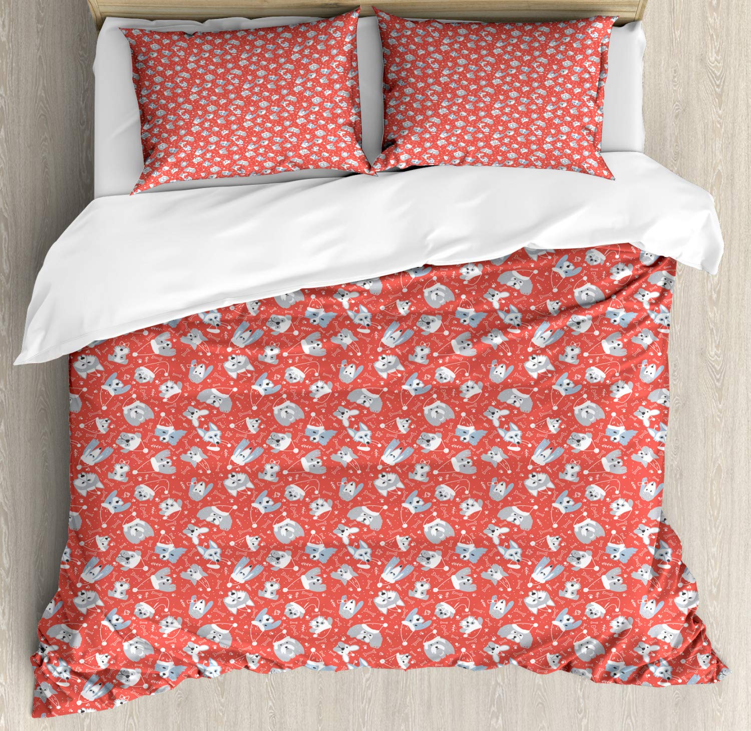 Ambesonne Dogs Duvet Cover Set - Christmas Themed with Santa Hat Design, 3-Piece Queen Size Bedding Set (Duvet Cover + 2 Pillow Shams) in Dark Coral & Pale Grey | Perfect for Holiday Decor, Dog Lover Gifts & Cozy Winter Bedroom