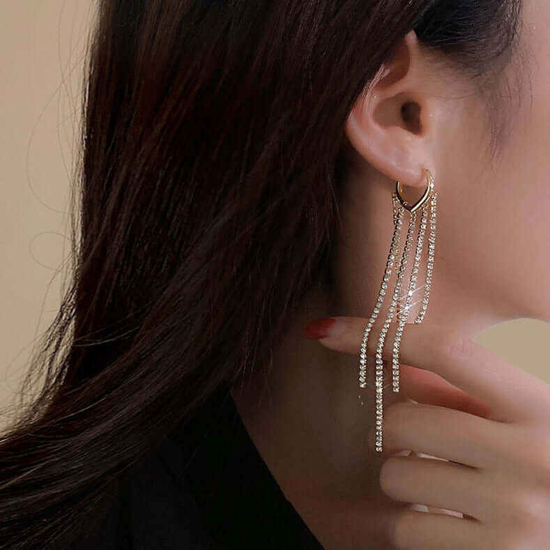 Sparkle Rhinestone Tassel Fringe Hoop Earrings for Women | Elegant Dangle Drop Earrings for Party, Wedding & Evening Out | R5354