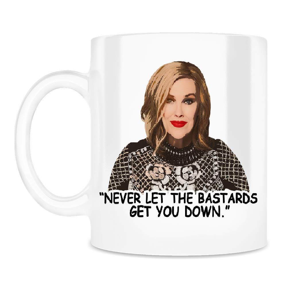 Never Let The Bastards Get You Down Mug - Moira Rose & David Rose Inspired Schitt's Creek TV Show Fan Gift - 11oz White Ceramic Coffee Cup - Perfect for Office, Home & Sitcom Lovers