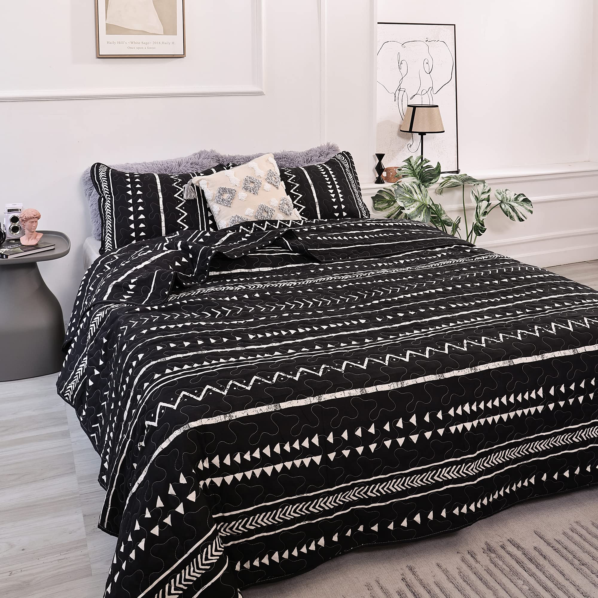JANZAA Queen Size Boho Quilt Bedspread - Black & White Geometric Pattern All-Season Comforter with 2 Pillowcases | Bohemian Bedding for Master Bedroom, Guest Room & Dorm Decor