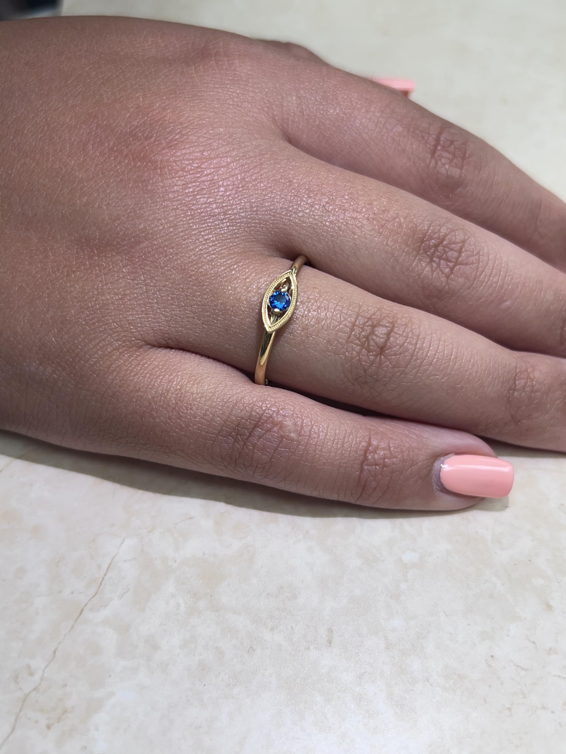 10K Solid Gold Evil Eye Ring with Round Cubic Zirconia - Rose/White/Yellow Gold Stackable Eternity Band, Dainty Blue Solitaire Birthstone - Handmade in USA - Perfect Gift for Women, Bridesmaids, Birthday & Protection Jewelry