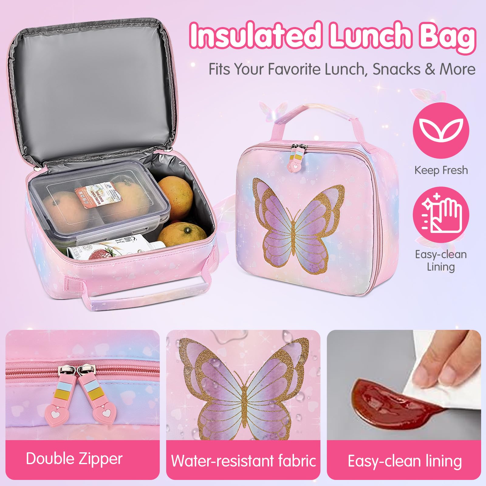 Cokouchyi 3 Pcs Kids Backpack Set with Lunch Box & Pencil Case - Lightweight Preschool Backpack for Girls Age 4-8, Elementary School Book Bag with Butterfly Design - Perfect for School, Travel & Daily Use