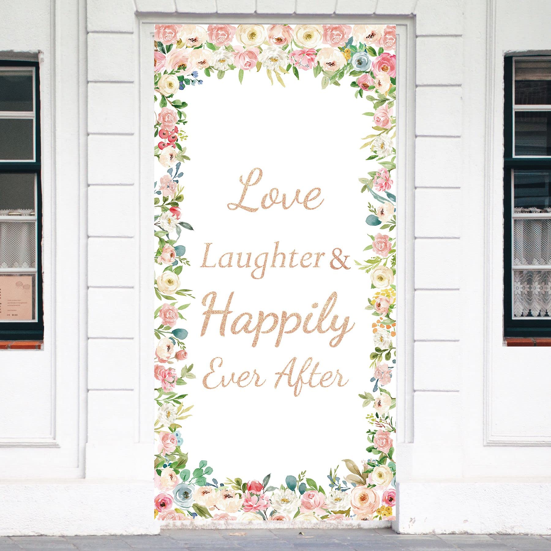 Joyiou Love Laughter Happily Ever After Backdrop Banner - Wedding, Engagement Party Decorations - Bridal Shower Door Cover & Photo Booth Props - Perfect for Wedding Receptions, Anniversary Celebrations & Romantic Photo Shoots