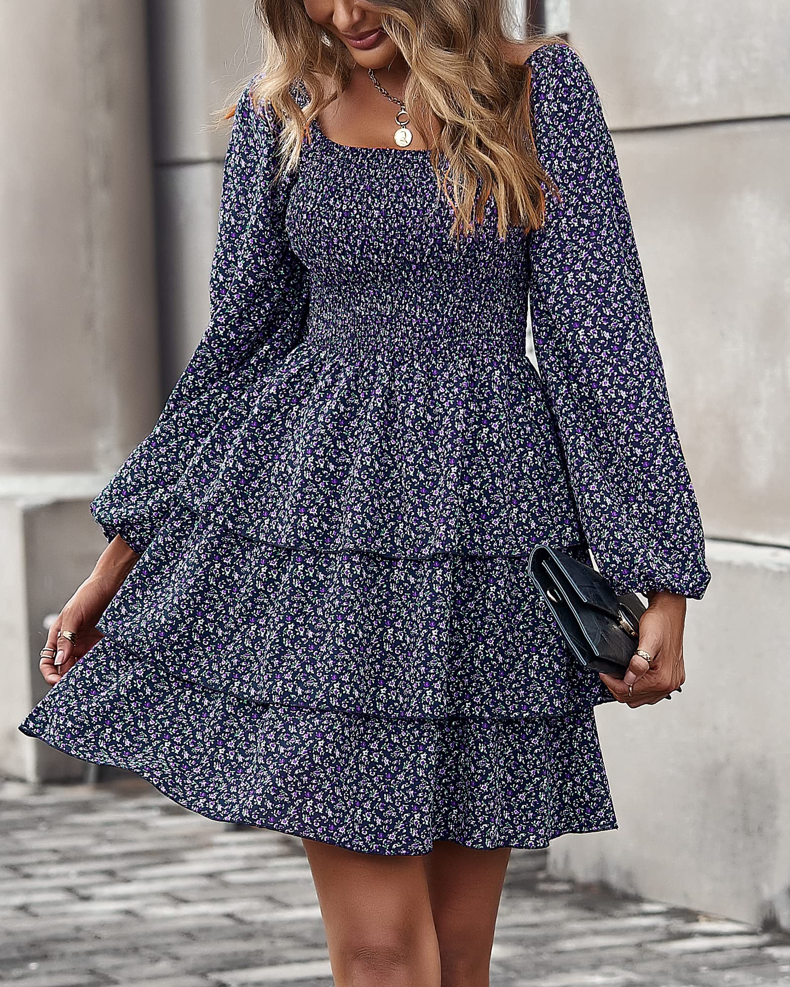 BTFBM Women's Floral Swiss Dot Square Neck Smocked Mini Dress - Long Sleeve Boho Wedding Guest Dress for Spring & Summer 2025 | Perfect for Garden Parties, Bridal Showers & Date Nights
