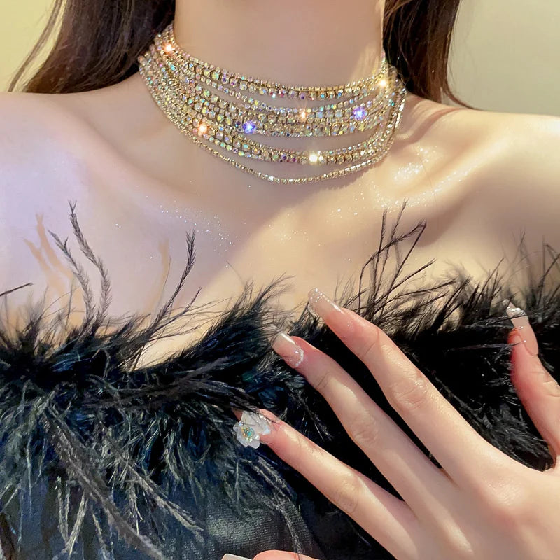 Luxury Multilayer Crystal Choker Necklace for Women - Gold Rhinestone Statement Jewelry - Perfect for Parties, Weddings & Evening Events