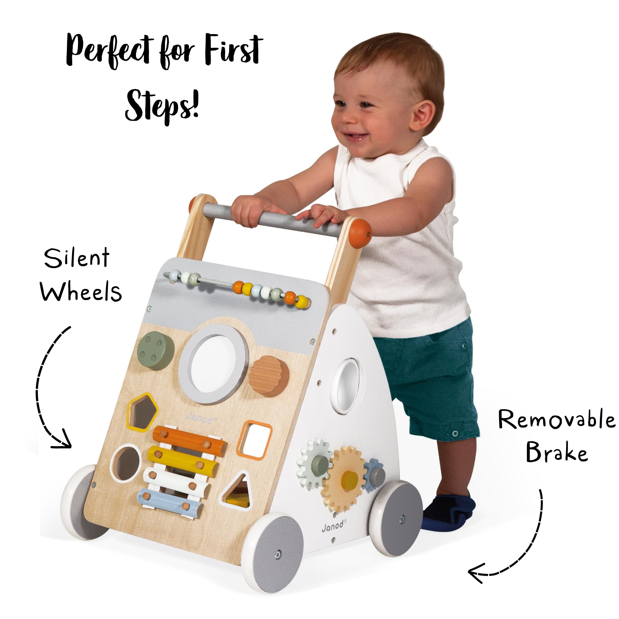 Janod Sweet Cocoon Wooden Multi-Activity Baby Walker for Toddlers 12-24 Months | Learning Push Toy with Bead Maze, Shape Sorter & Music | Montessori Educational Toy for First Steps | Nursery, Playroom & Daycare Essential (J04410)