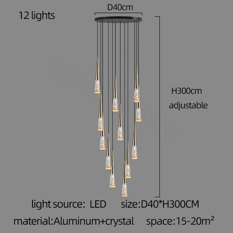 Elegant Crystal Cones Staircase Chandelier - Modern Luxury Ceiling Light Fixture for Stairwell & Foyer - Perfect for Home Decor, Wedding Venues & Upscale Hotels